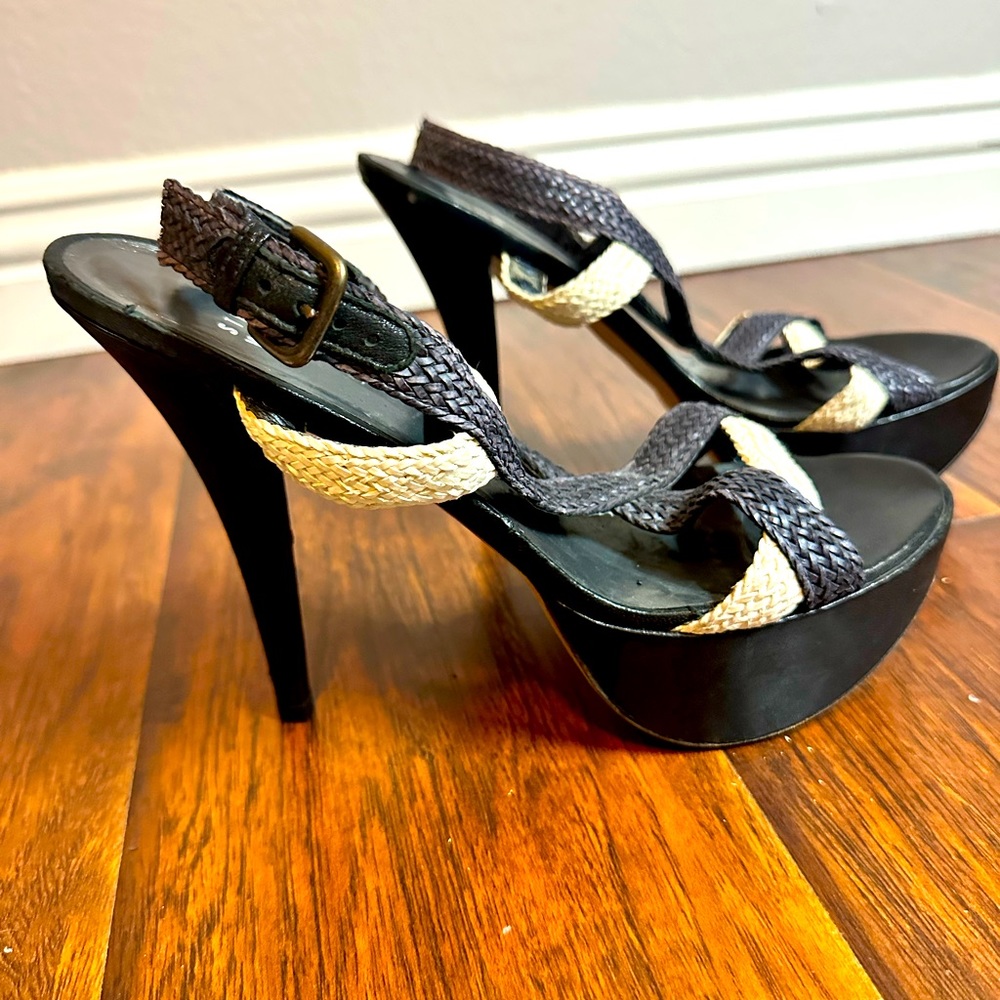 Stuart Weitzman, rope upper, platform, 6 inch heels, leather